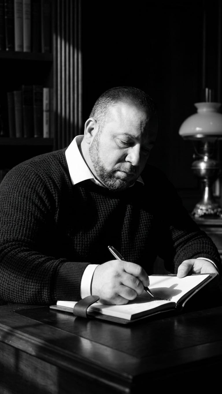 Sebastián Fuego escribiendo a mano - proceso creativo del autor